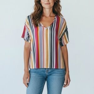 Allison Joy Women’s Multicolor Striped Short Sleeve Blouse Top Small